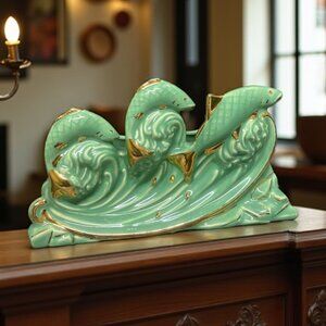 Vintage Swimming Fish 22kt Gold Detailing Large Planter Vase